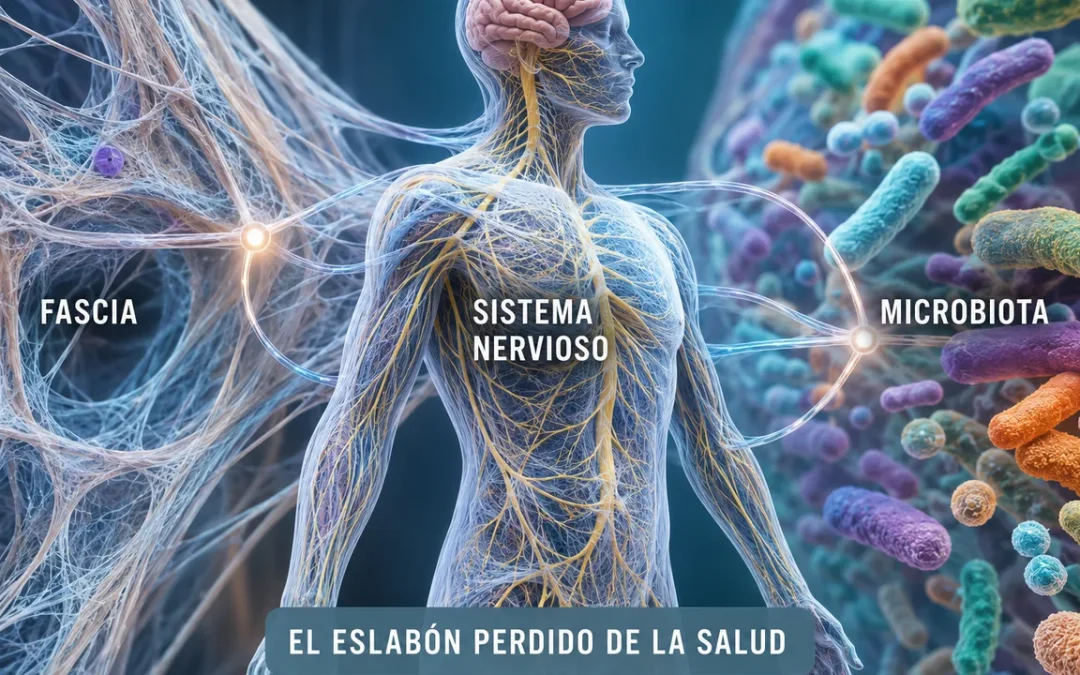 Red de fascia y tejido conectivo en la espalda, ilustración de la conexión con el sistema nervioso